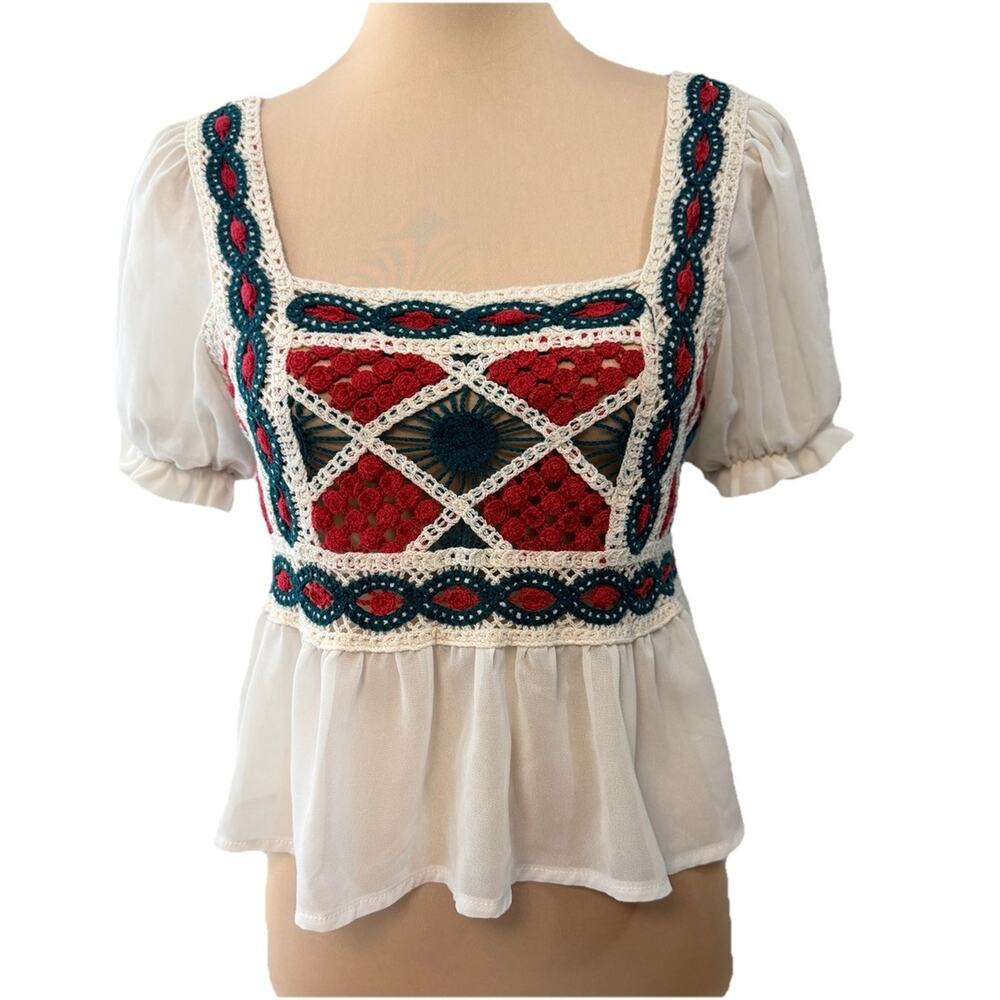 Retro Boho Crochet Babydoll Top‎ Sheer Patchwork Small Hippie Festival Ruffles
